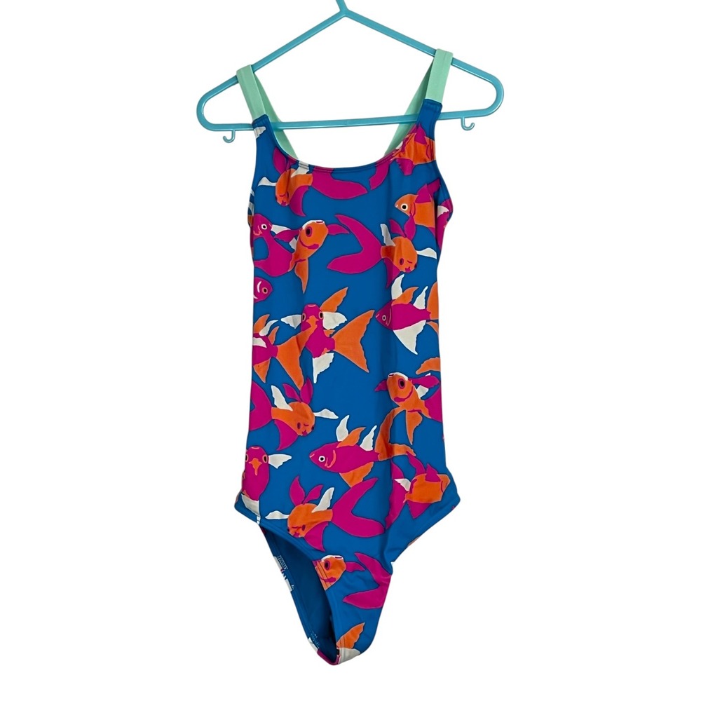 Spotted Zebra One-Piece Swimsuit Kids Blue Goldfish Print - M(8)